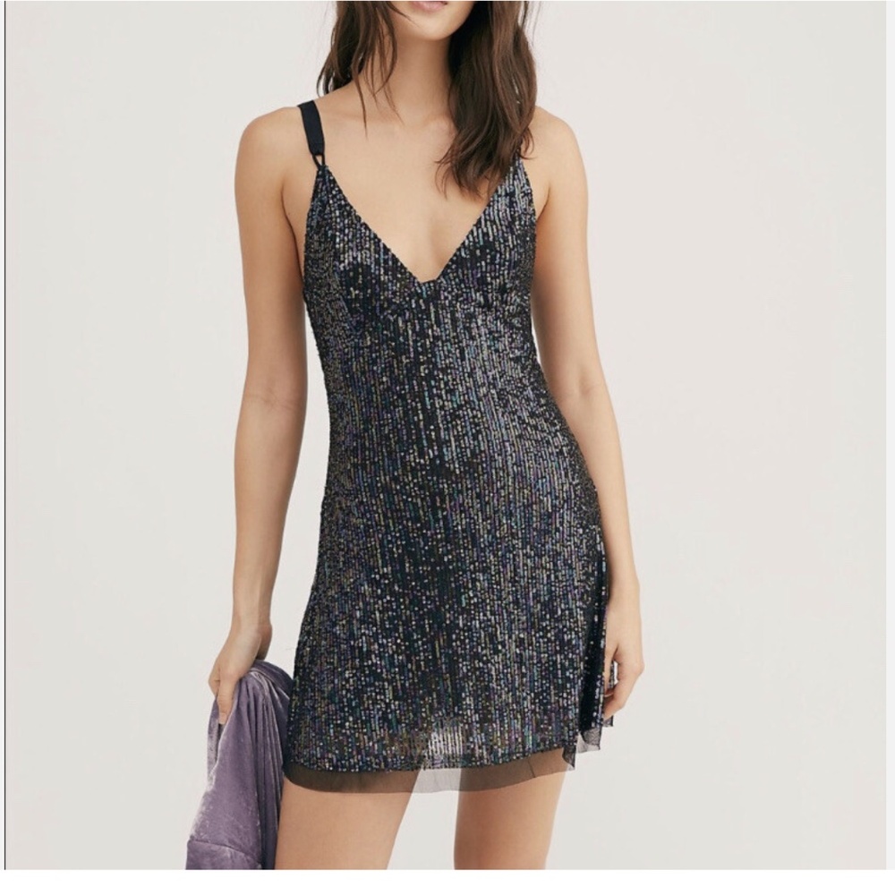 FREE PEOPLE Gold Rush Mini DRESS Size Small Black Sequin Strappy
